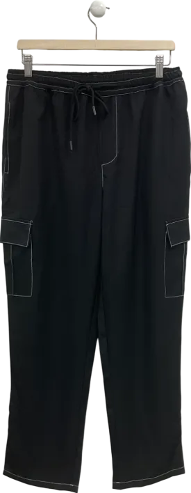 boohooMan Black Pull On Contrast Stitch Cargo Trousers UK M