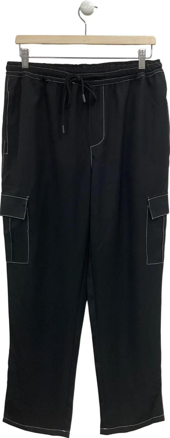 boohooMan Black Pull On Contrast Stitch Cargo Trousers UK M