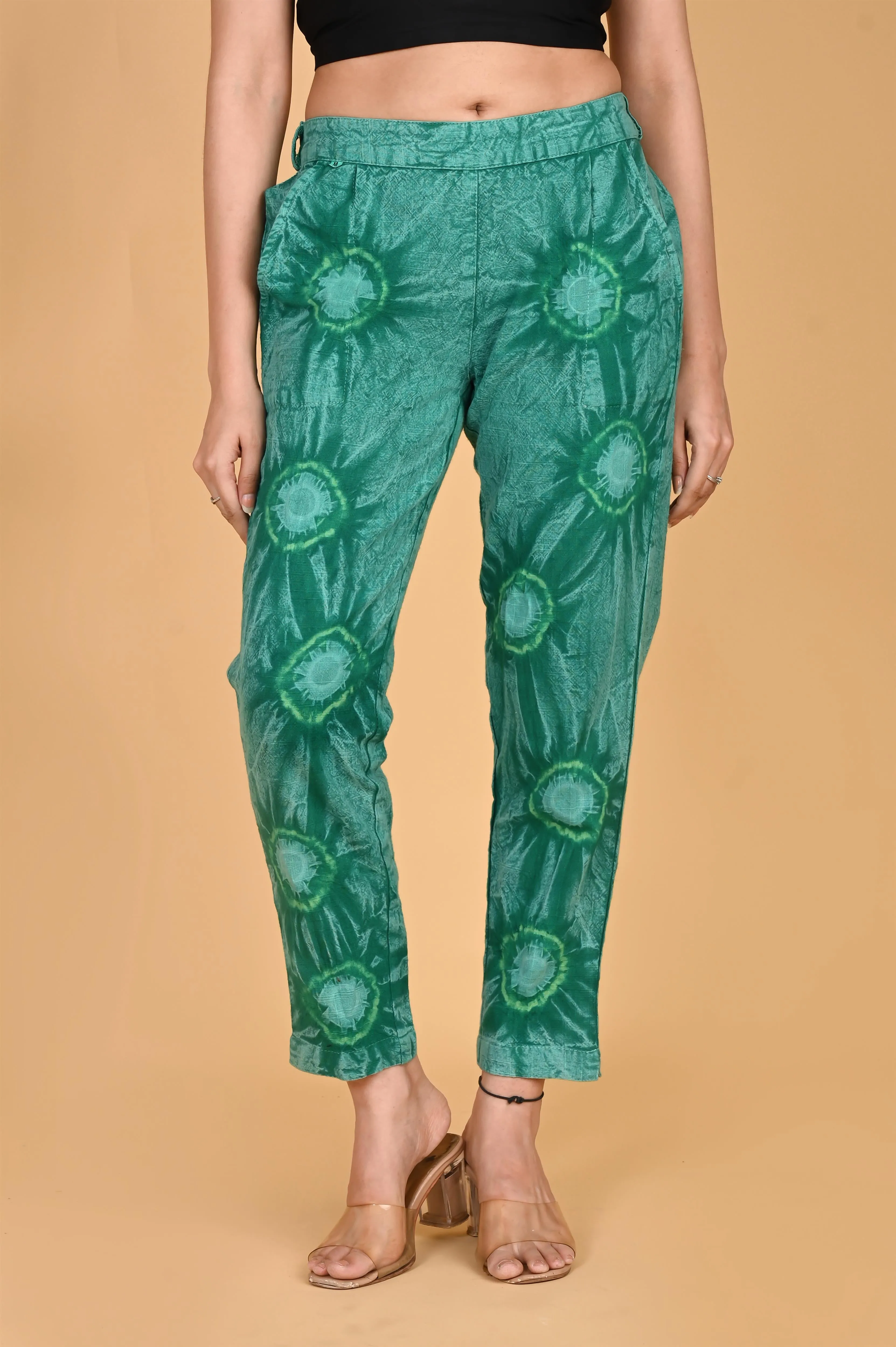 BOTTLE GREEN BANDHEJ COTTON PANTS