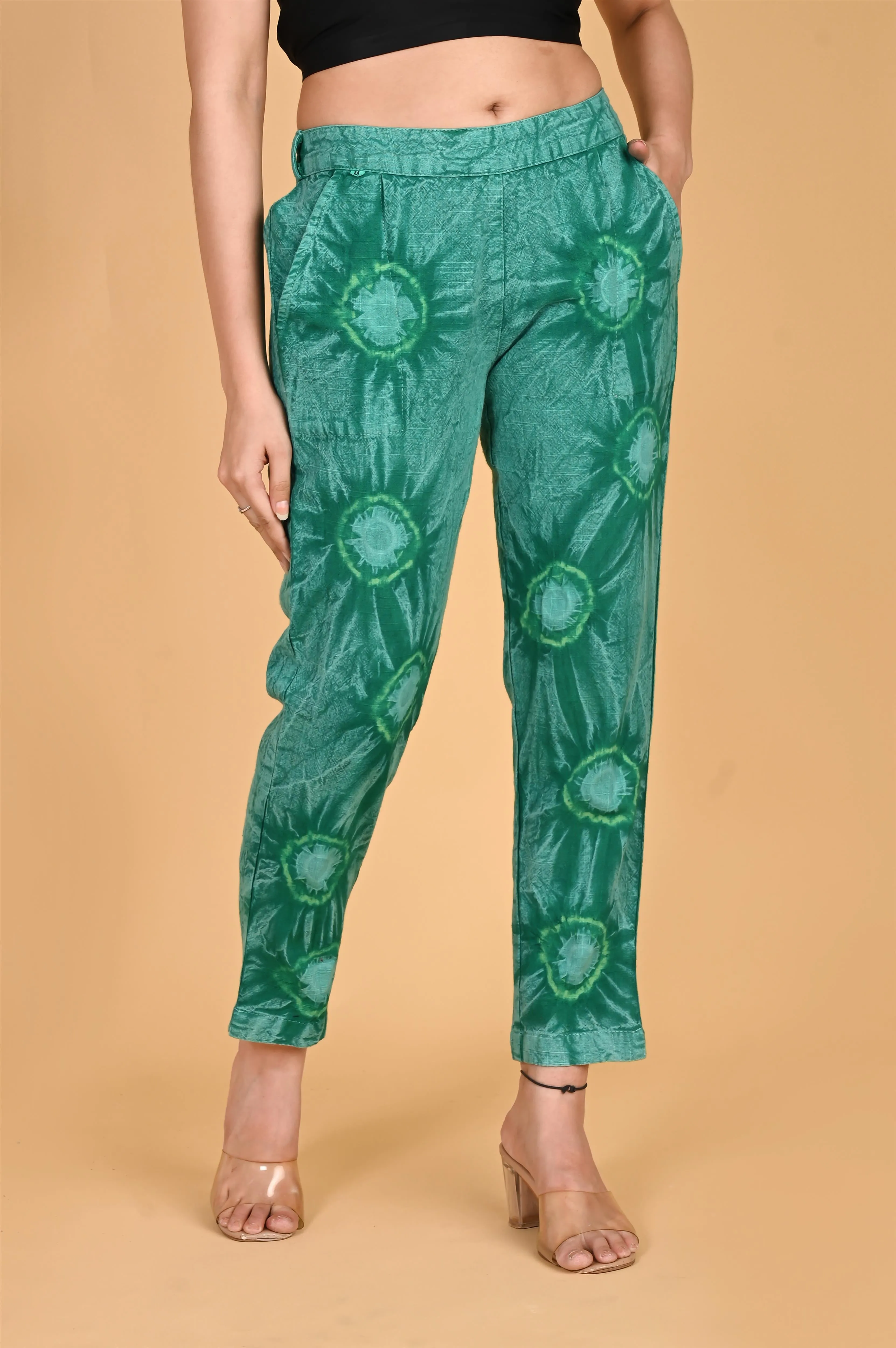 BOTTLE GREEN BANDHEJ COTTON PANTS