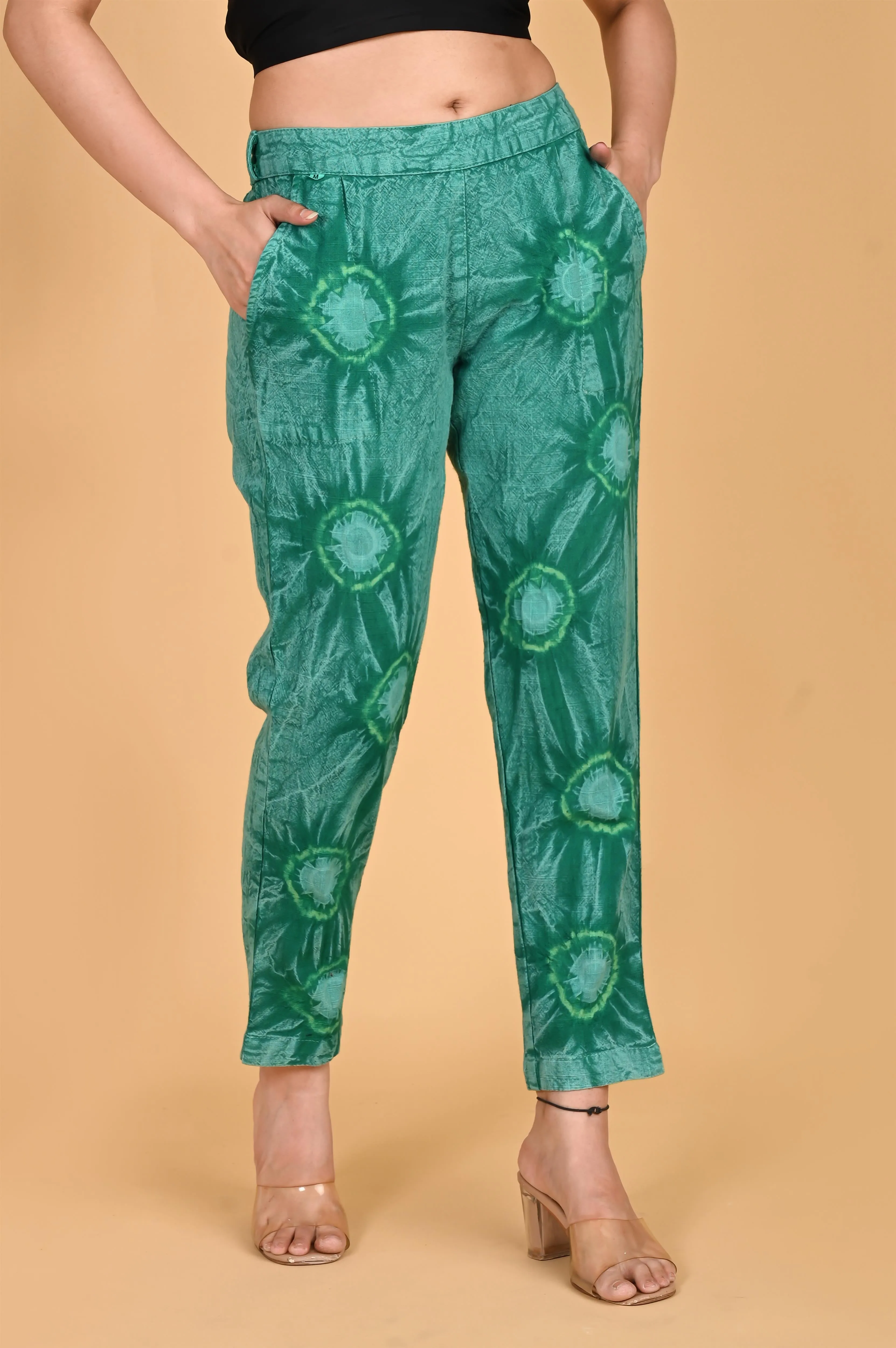 BOTTLE GREEN BANDHEJ COTTON PANTS