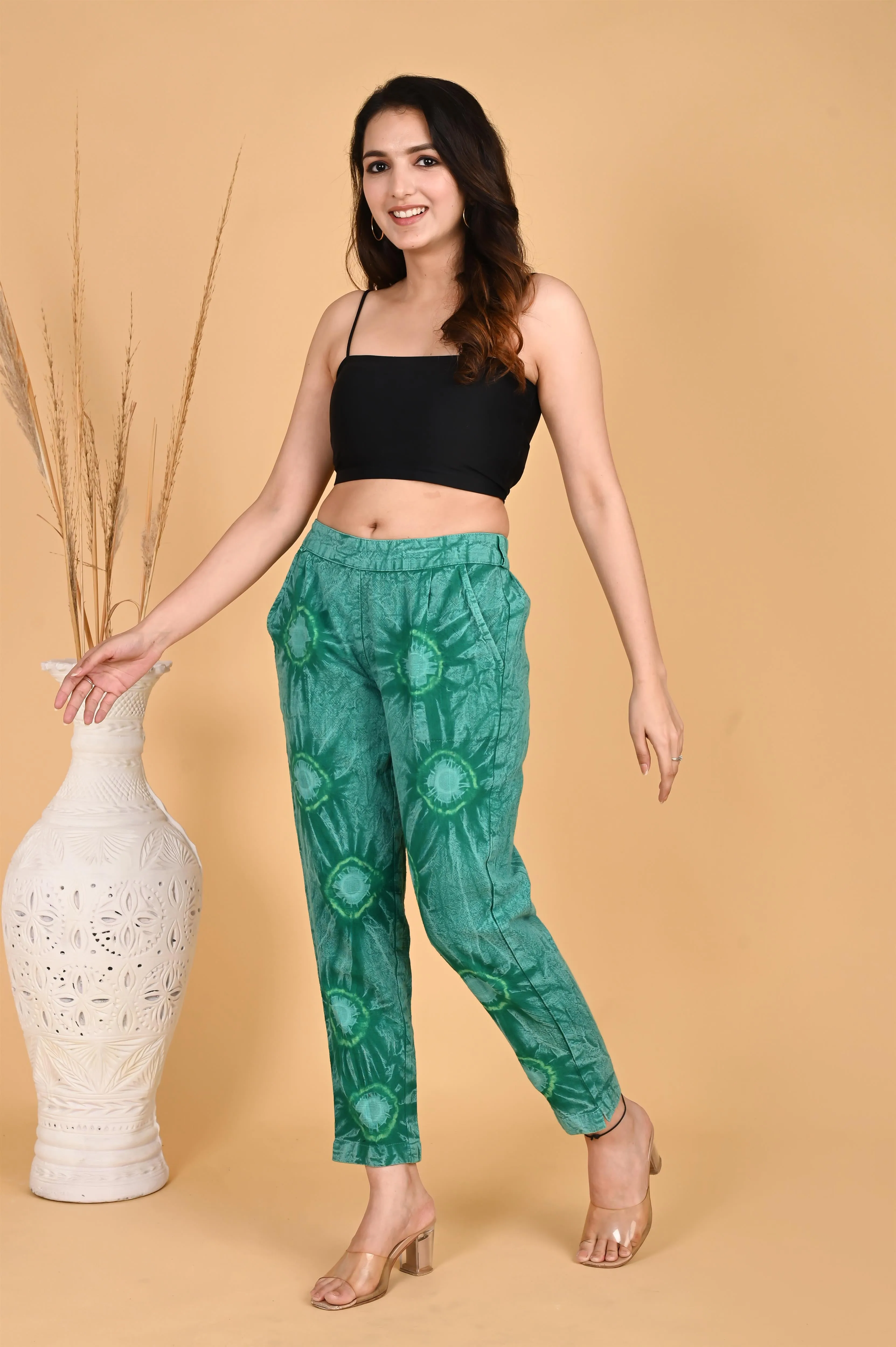 BOTTLE GREEN BANDHEJ COTTON PANTS