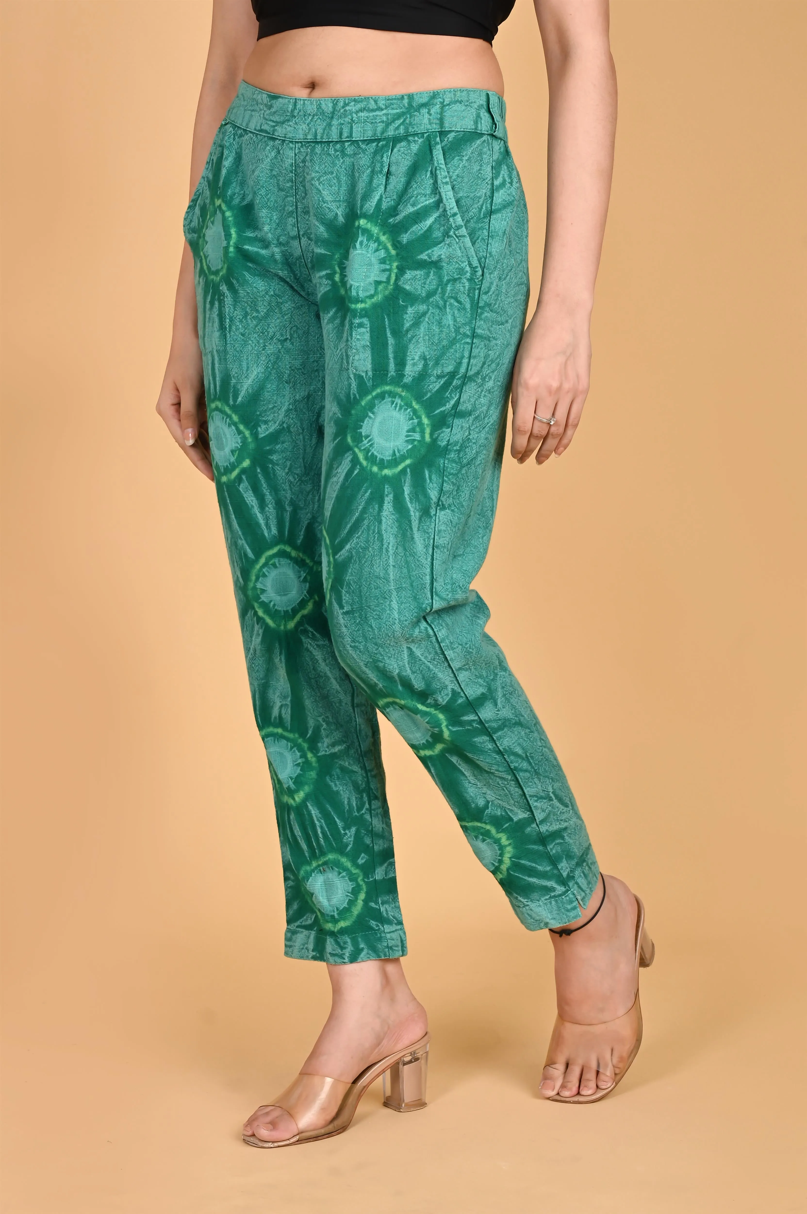 BOTTLE GREEN BANDHEJ COTTON PANTS
