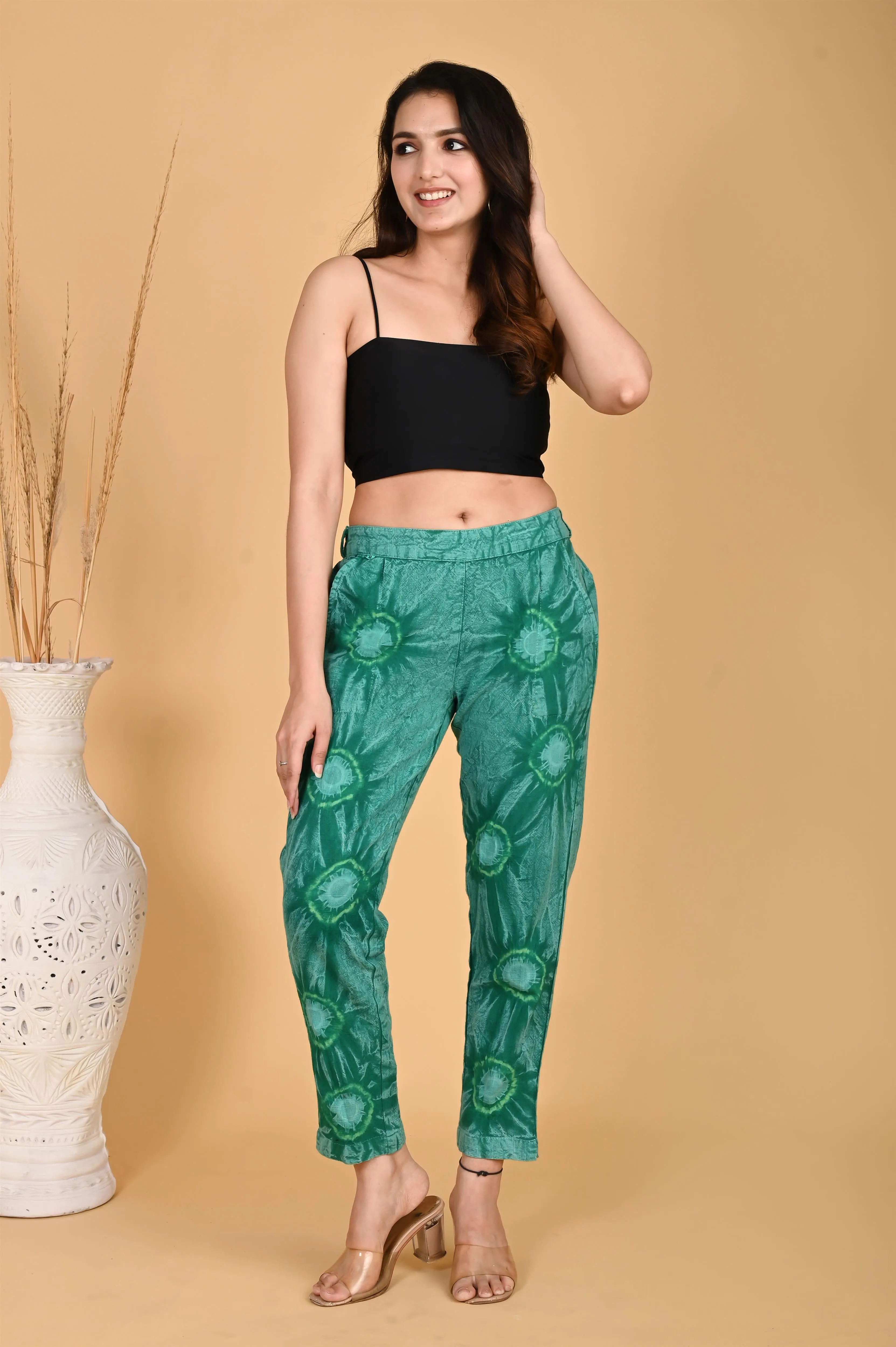 BOTTLE GREEN BANDHEJ COTTON PANTS