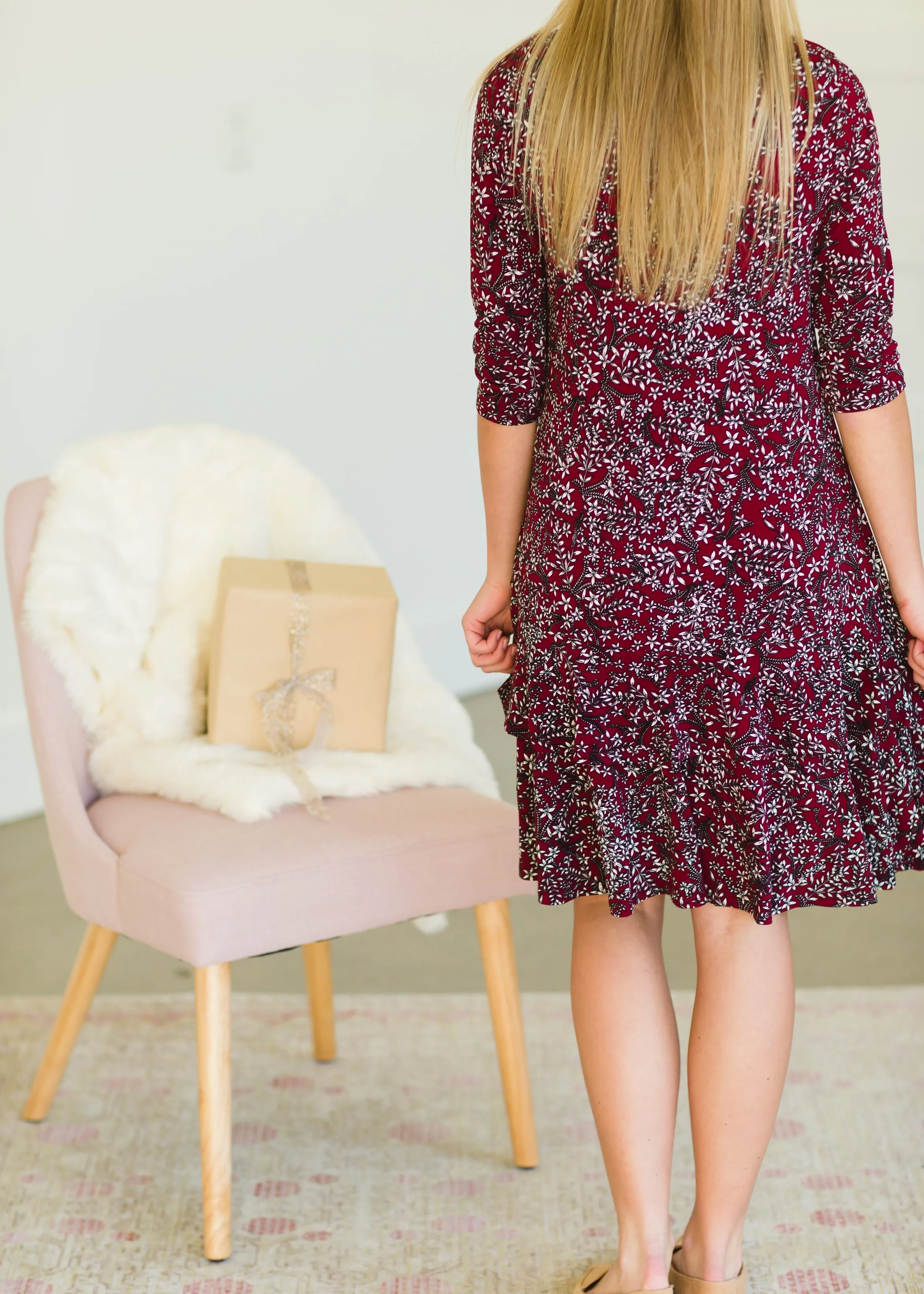 Burgundy Printed Ruffle Midi Dress - FINAL SALE