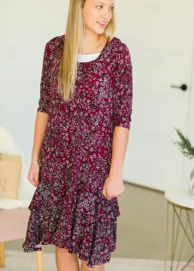 Burgundy Printed Ruffle Midi Dress - FINAL SALE