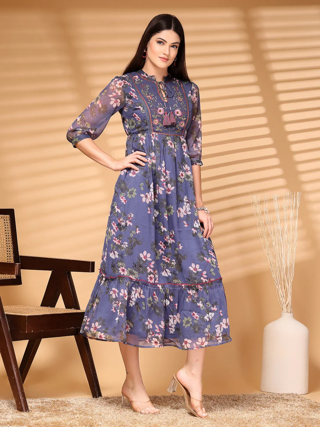 Chiffon Printed Long Dress Crepe Lining