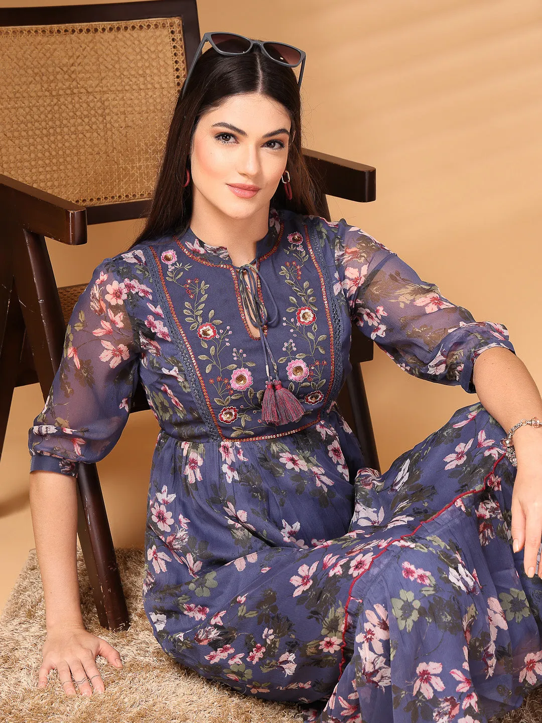 Chiffon Printed Long Dress Crepe Lining