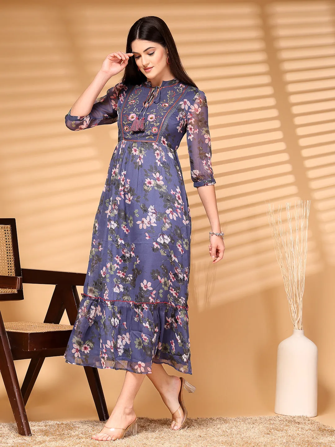 Chiffon Printed Long Dress Crepe Lining