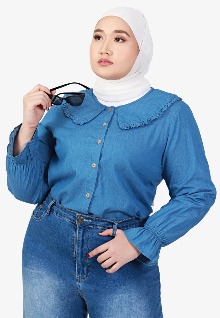 Dollee Big Collar Puff Sleeve Denim Blouse - Dark Blue