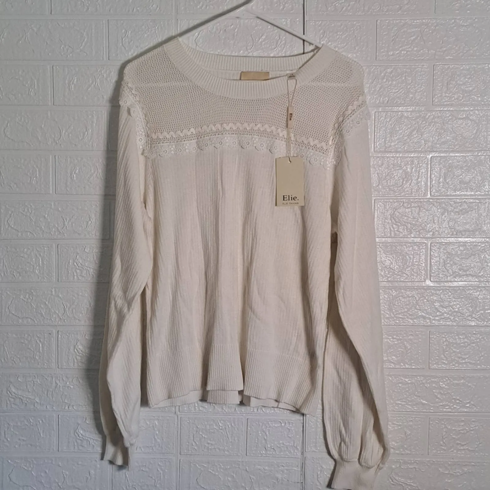 ELIE TAHARI Silk Blend Open Knit Sweater Large Ivory