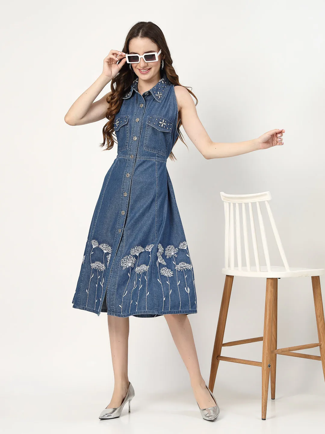 Embroidered Halter Neck Denim Shirt Dress