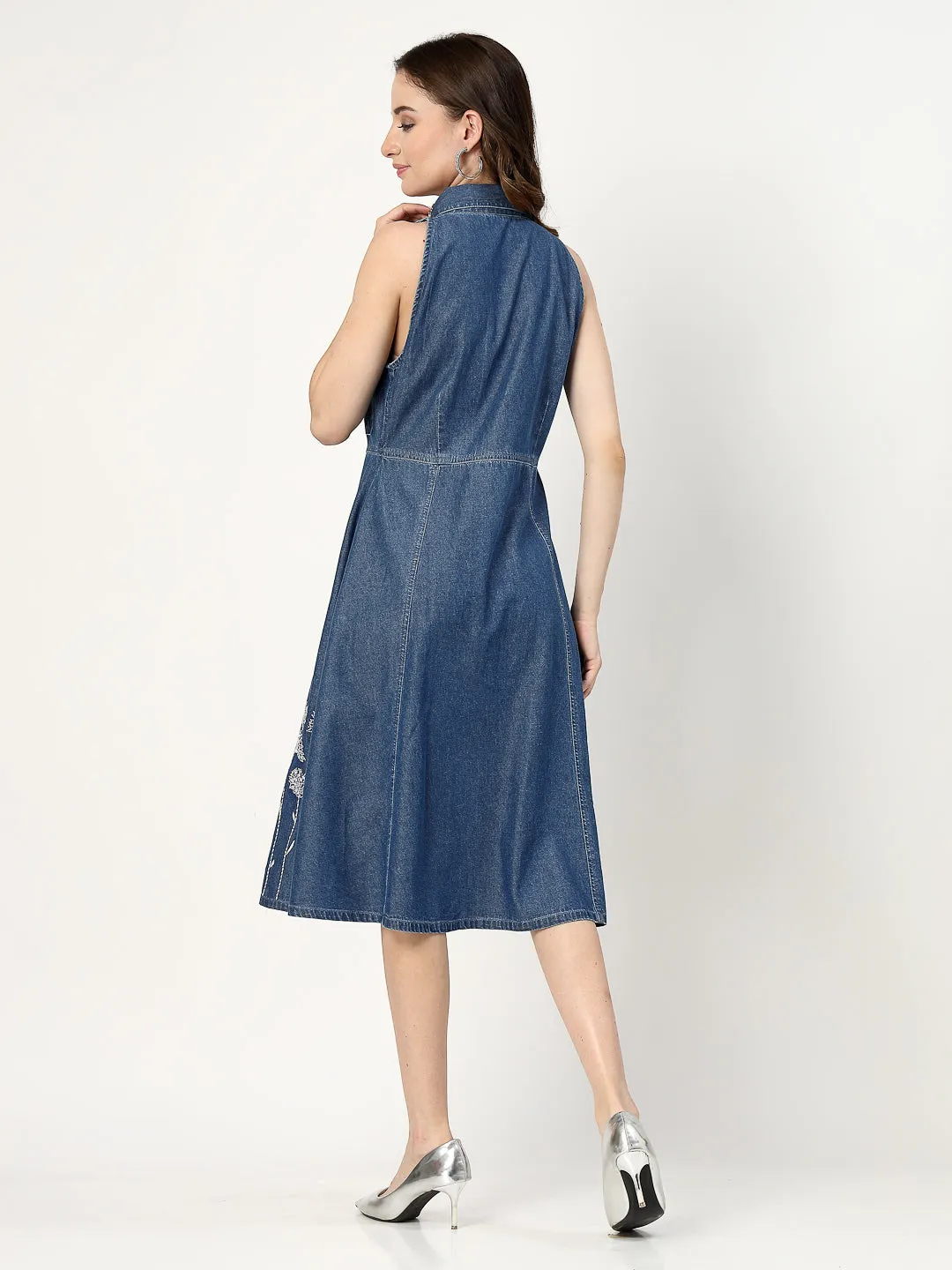Embroidered Halter Neck Denim Shirt Dress