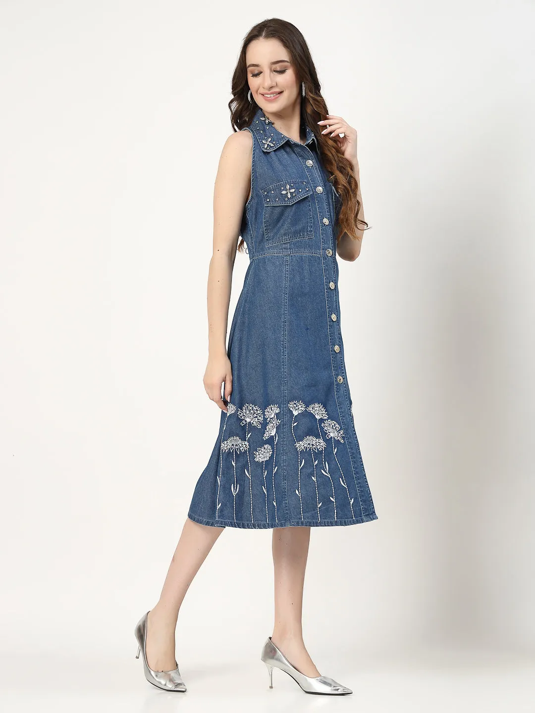 Embroidered Halter Neck Denim Shirt Dress