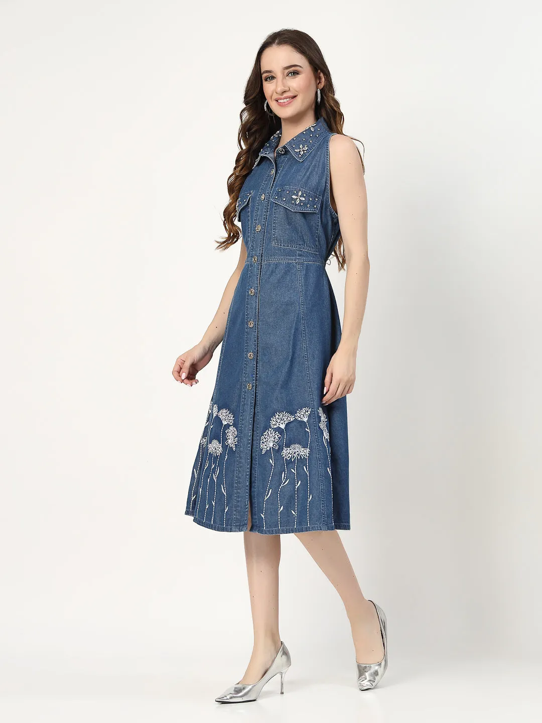 Embroidered Halter Neck Denim Shirt Dress