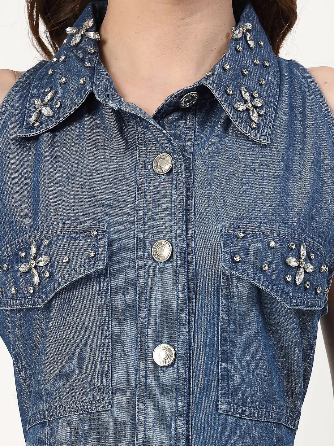 Embroidered Halter Neck Denim Shirt Dress