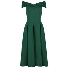 Emerald Green Cap Sleeve Crossover Bardot Neckline 50s Swing Dress