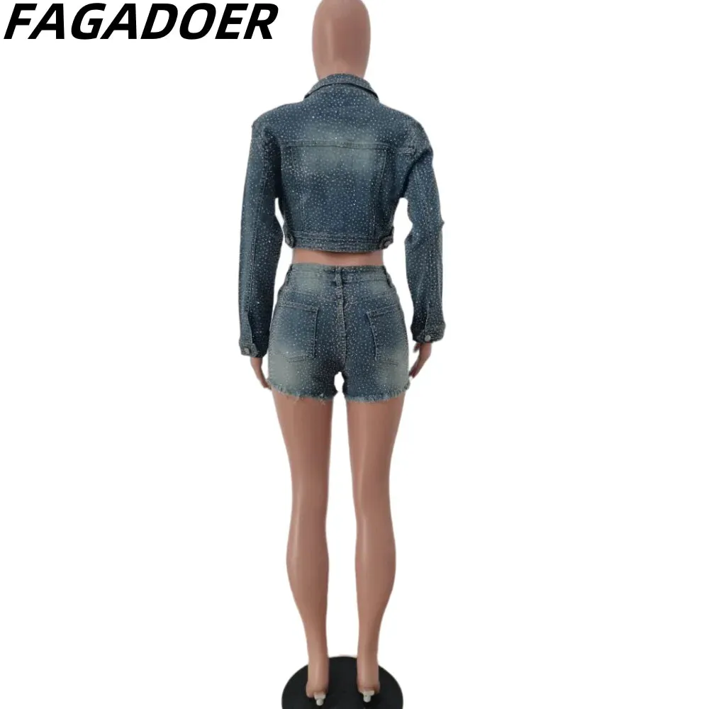 FAGADOER Retro FRhinestone Denim Two Piece