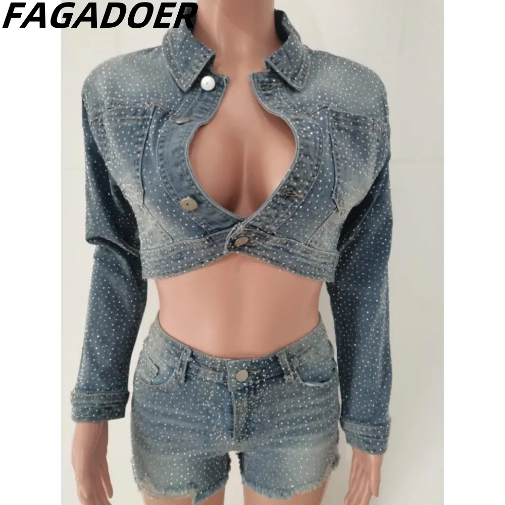 FAGADOER Retro FRhinestone Denim Two Piece