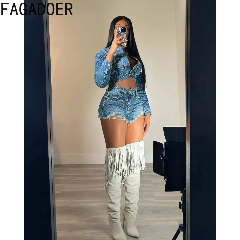 FAGADOER Retro FRhinestone Denim Two Piece