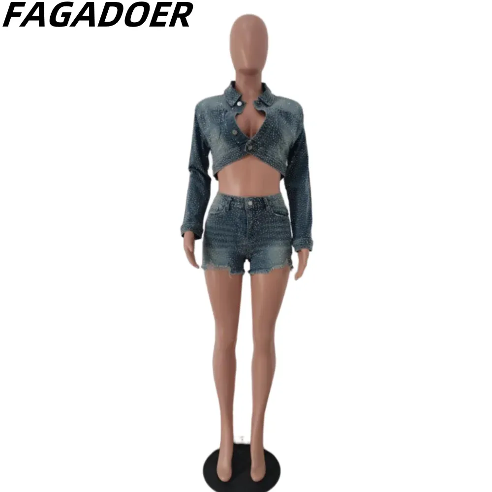 FAGADOER Retro FRhinestone Denim Two Piece