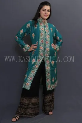 Ferozi Colour Kashmiri Aari Work Embroidered Jacket With Beautiful Border And Allover Motifs.