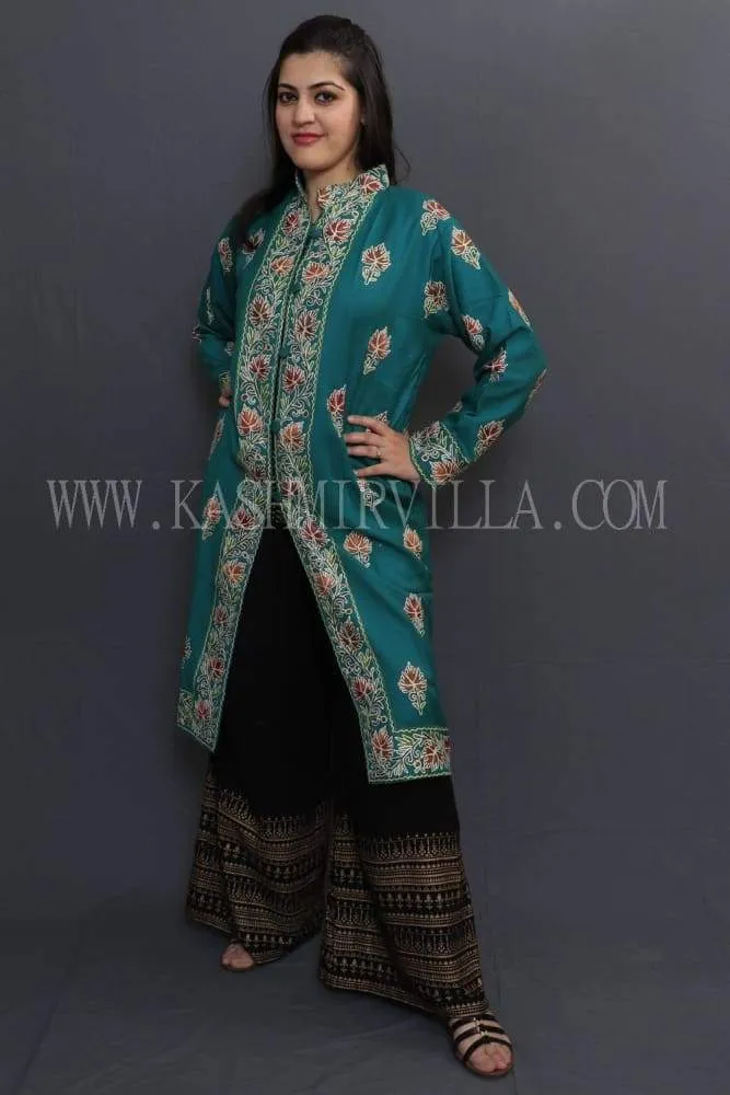 Ferozi Colour Kashmiri Aari Work Embroidered Jacket With Beautiful Border And Allover Motifs.