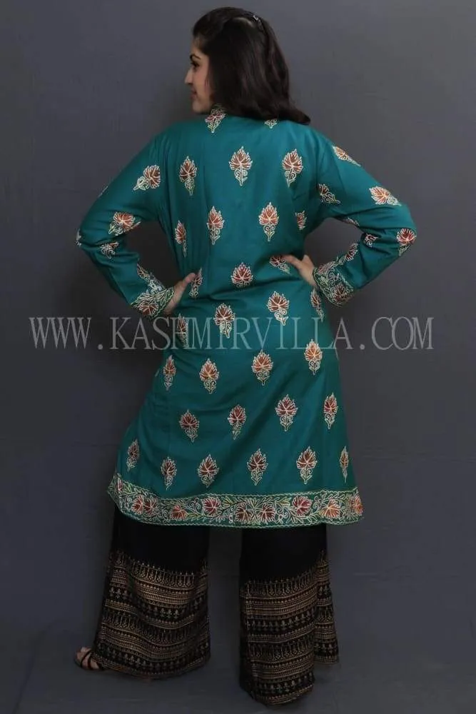 Ferozi Colour Kashmiri Aari Work Embroidered Jacket With Beautiful Border And Allover Motifs.