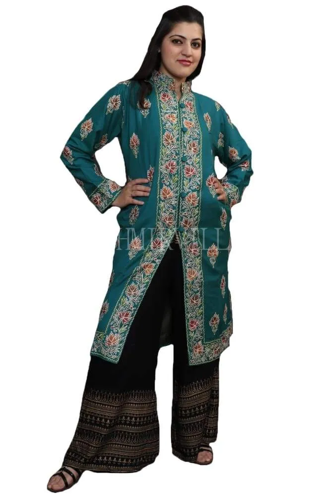 Ferozi Colour Kashmiri Aari Work Embroidered Jacket With Beautiful Border And Allover Motifs.