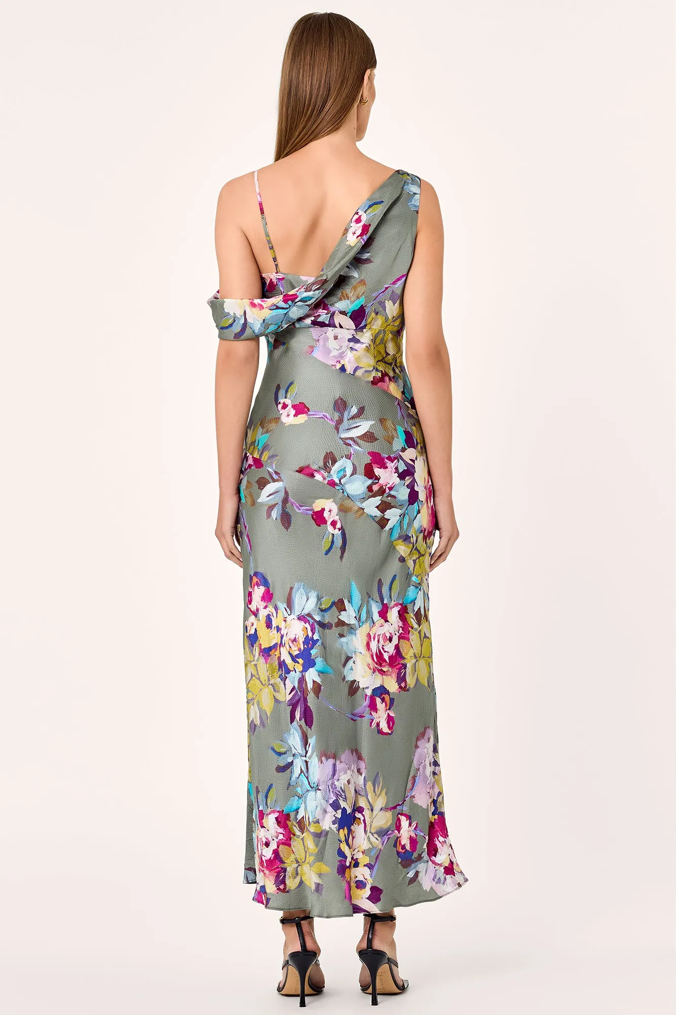 FINLEY ASYM DRAPED MIDI DRESS - SEAGRASS ANTIQUE FLORAL PRINT