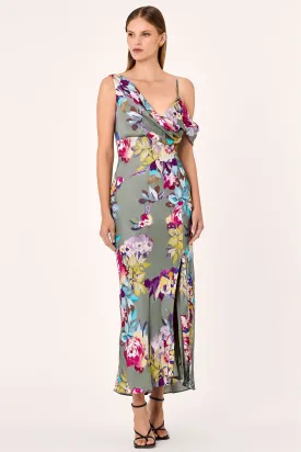FINLEY ASYM DRAPED MIDI DRESS - SEAGRASS ANTIQUE FLORAL PRINT