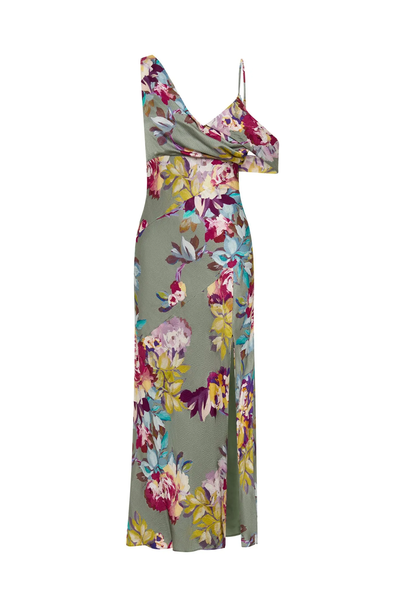 FINLEY ASYM DRAPED MIDI DRESS - SEAGRASS ANTIQUE FLORAL PRINT