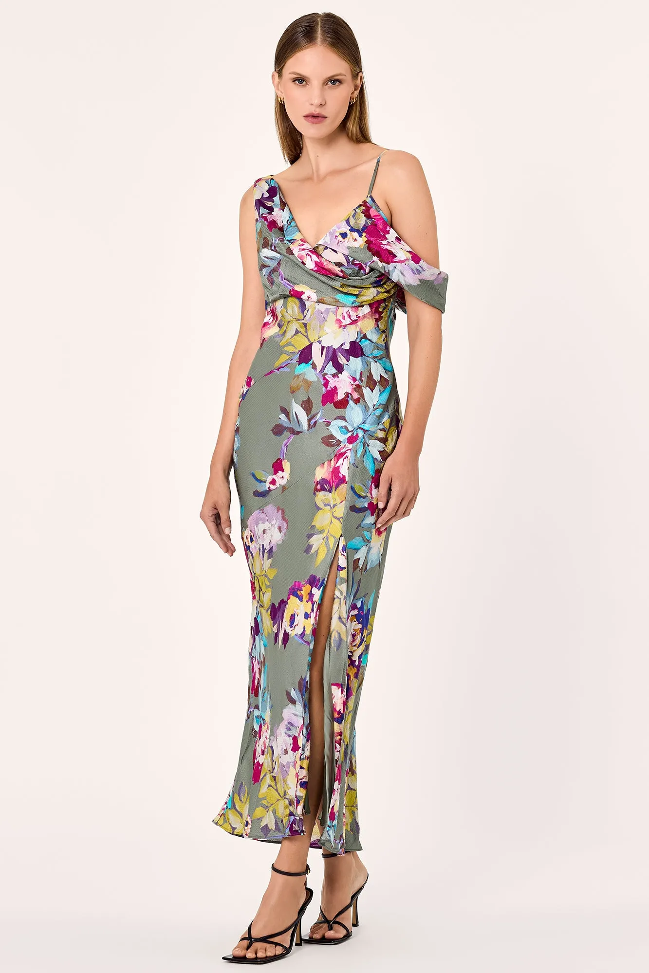 FINLEY ASYM DRAPED MIDI DRESS - SEAGRASS ANTIQUE FLORAL PRINT