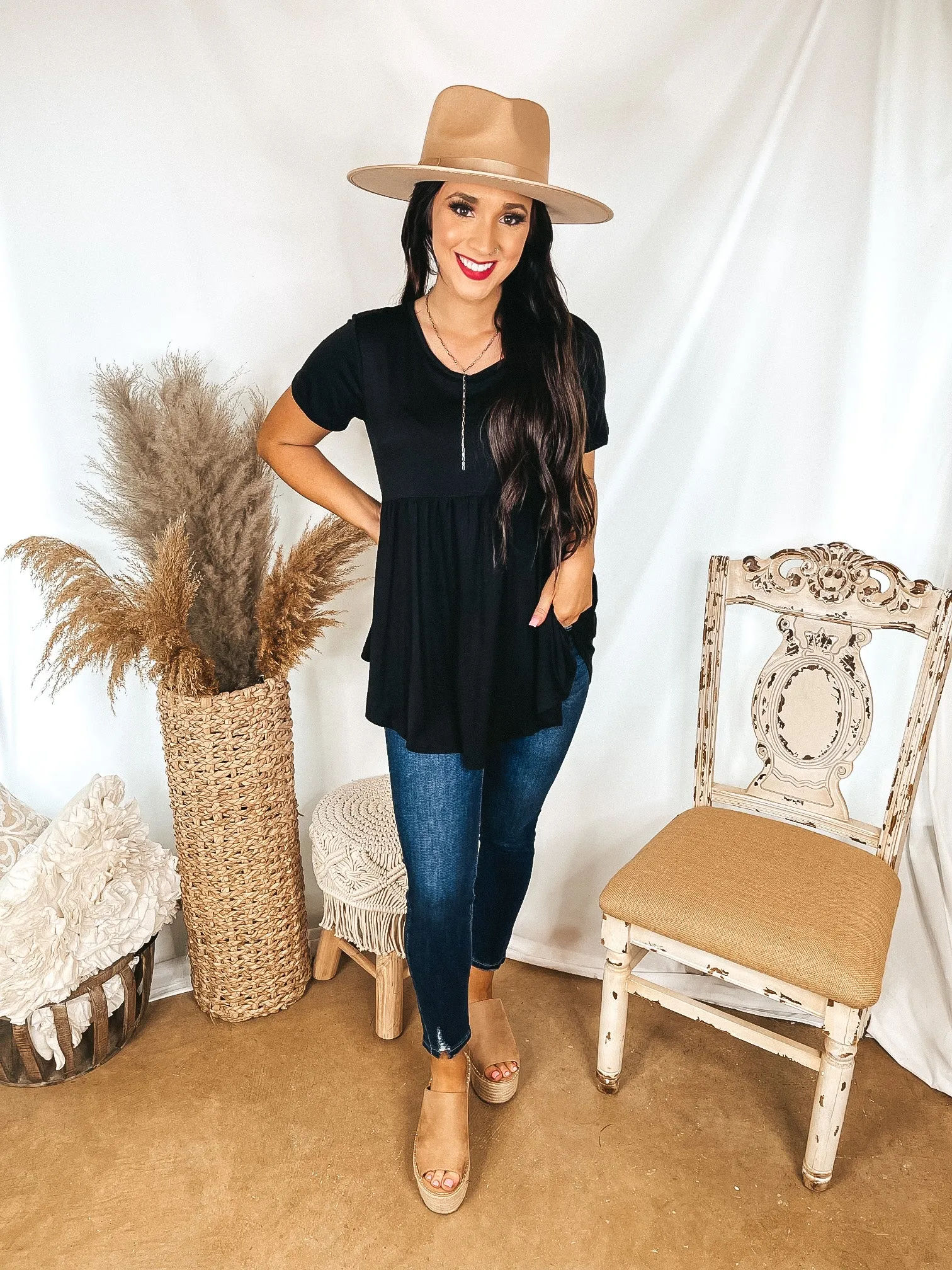 Forever Mine Short Sleeve Babydoll Top in Black