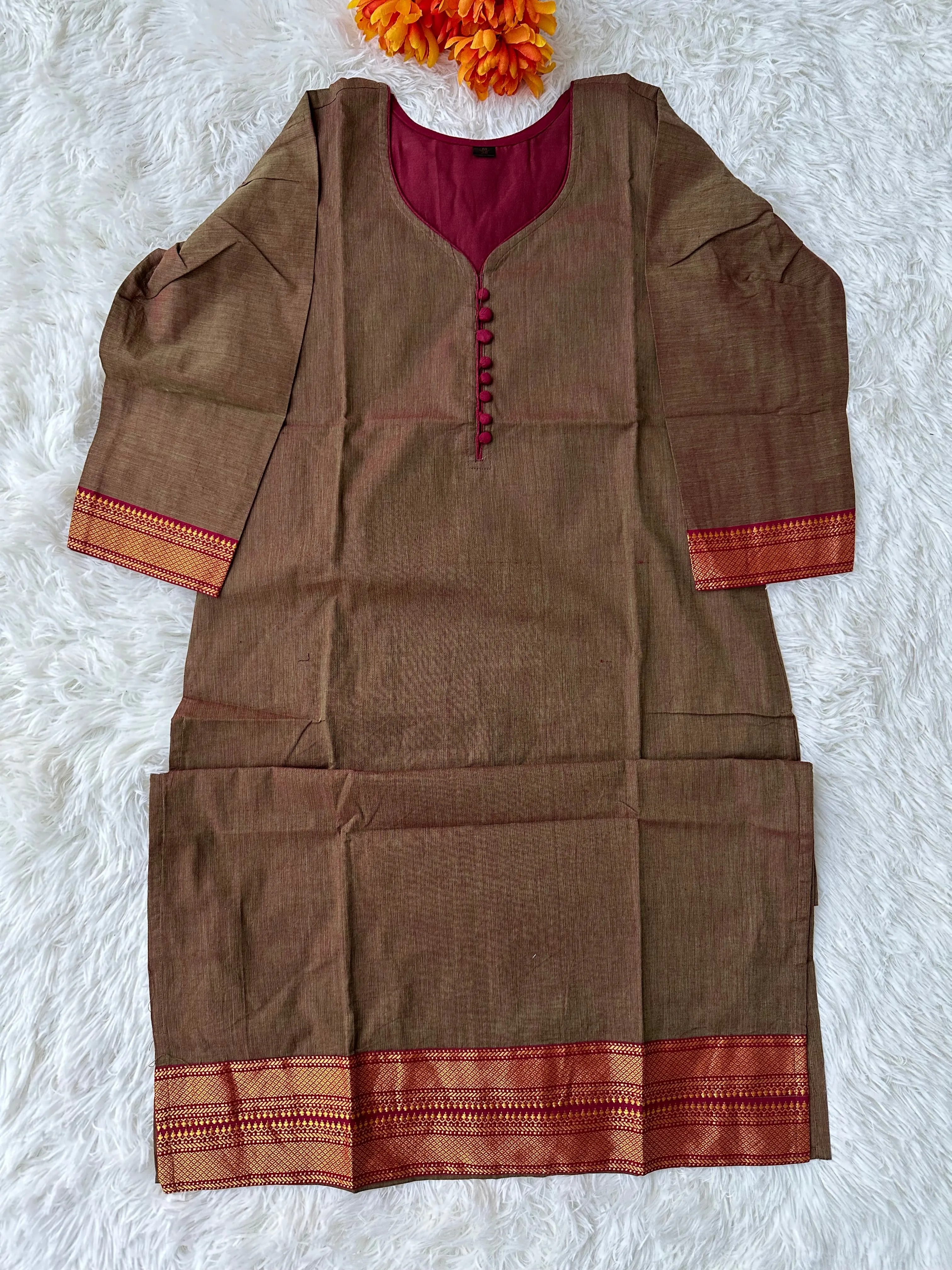 Golden Elegance: Beige & Maroon Handloom Kurta Set