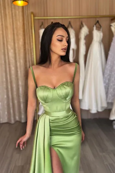 Gorgeous Mermaid Split Spaghetti-Straps Sage Green Prom Dress SH294