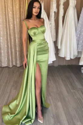 Gorgeous Mermaid Split Spaghetti-Straps Sage Green Prom Dress SH294
