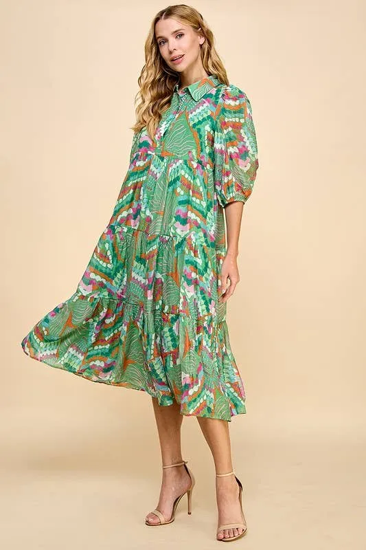 Green Multicolor Abstract Printed Tiered Midi Dress
