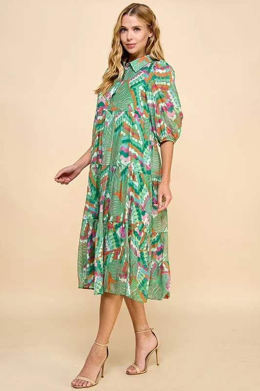 Green Multicolor Abstract Printed Tiered Midi Dress