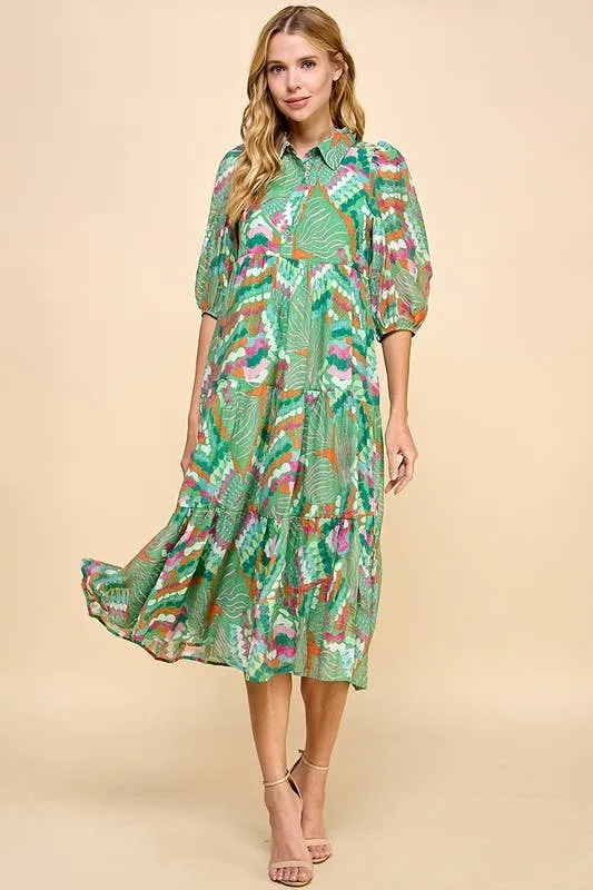 Green Multicolor Abstract Printed Tiered Midi Dress