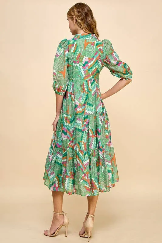 Green Multicolor Abstract Printed Tiered Midi Dress