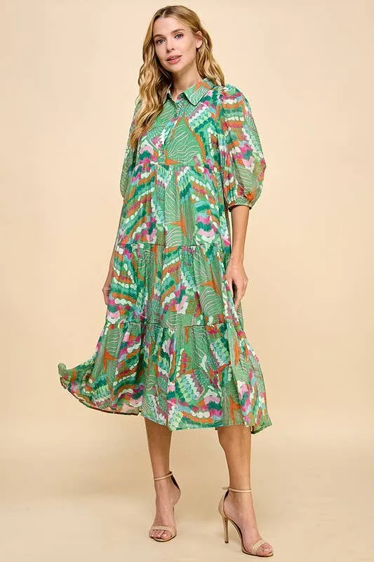 Green Multicolor Abstract Printed Tiered Midi Dress