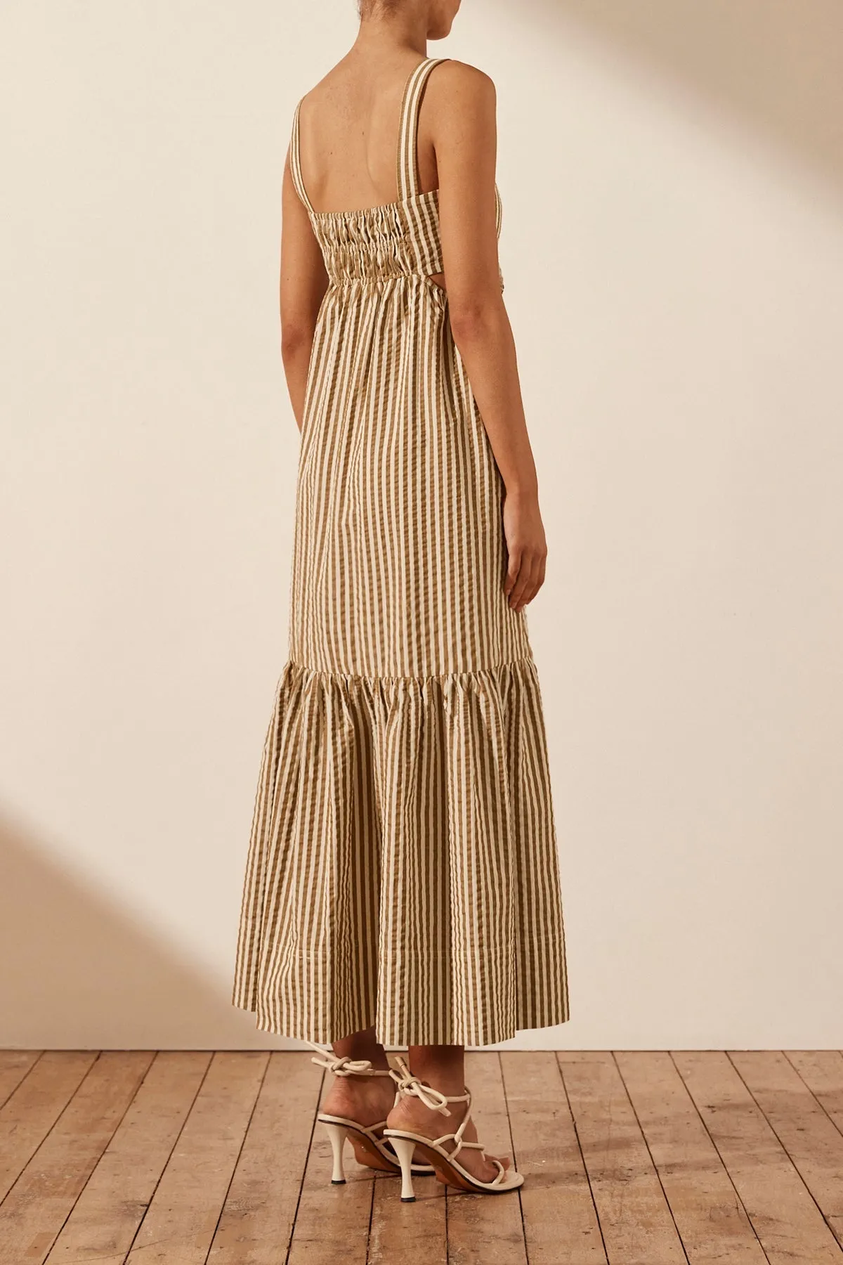 HELE CUT OUT RUCHED MIDI DRESS - COCONUT/WALNUT