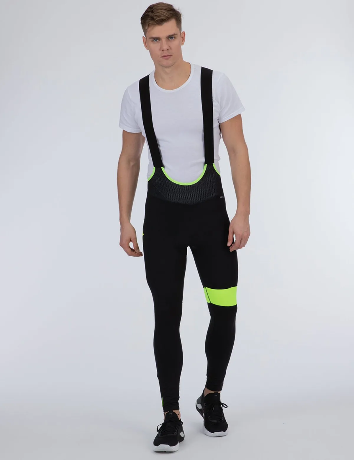 Herren Thermo Fahrradhose Lang Trägerhose Pro Team II  Schwarz-Neon