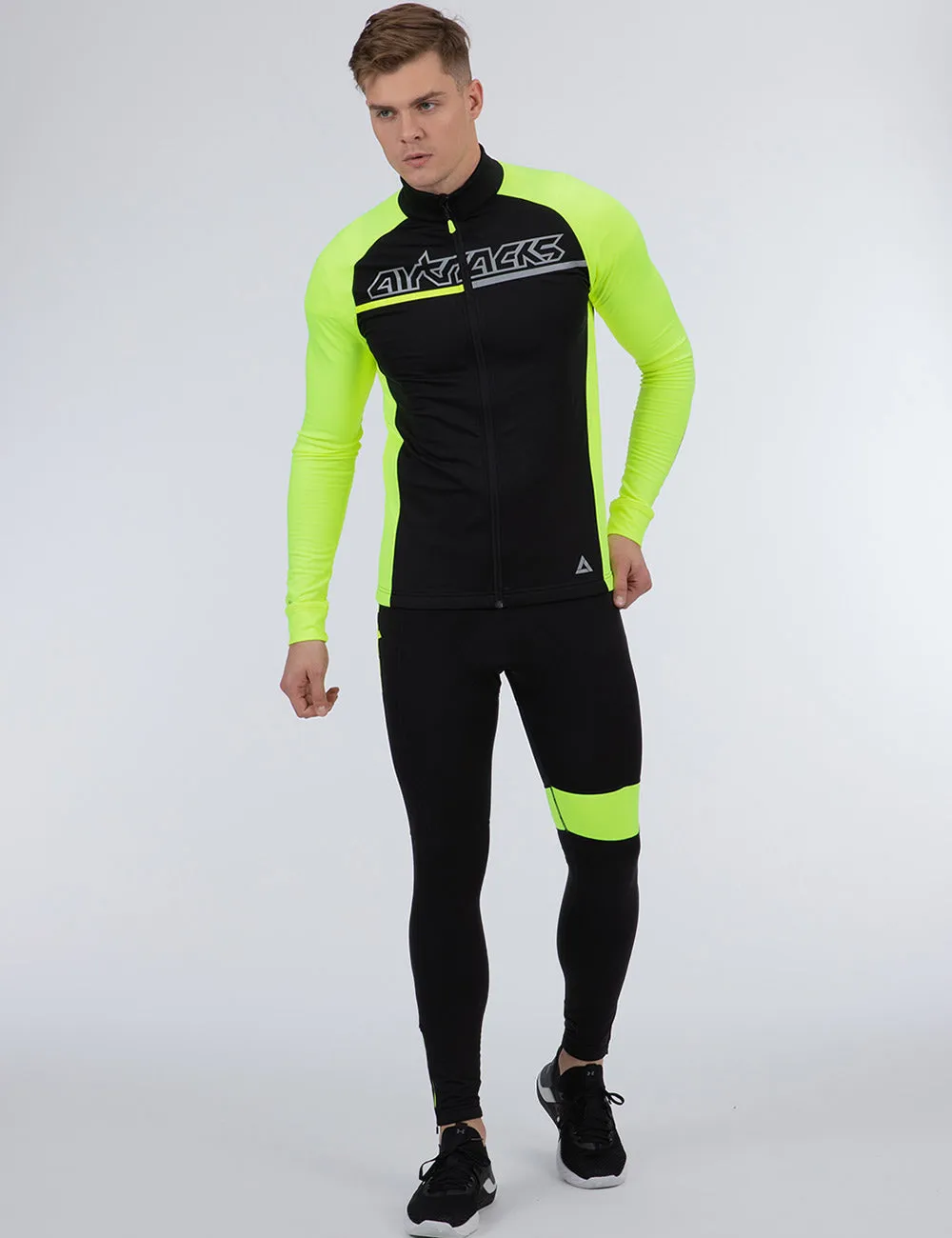 Herren Thermo Fahrradhose Lang Trägerhose Pro Team II  Schwarz-Neon
