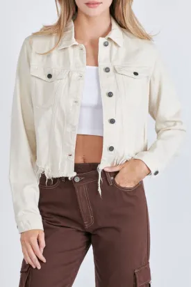 Hidden Jeans Cream Colored Cropped Frayed Fitted Jacket