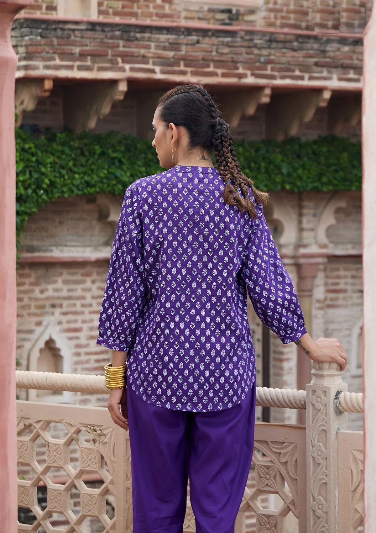 HOC Crafts Glazed Cotton Hand Block Printed with Hand Embroidery Women's 2 PC Co-ord Set - Dark Purple