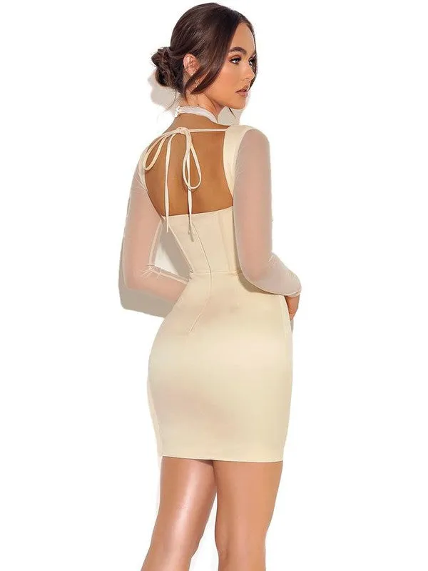 JOCELYNN SATIN MESH LONG SLEEVE CORSET DRESS