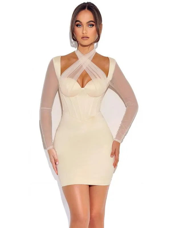 JOCELYNN SATIN MESH LONG SLEEVE CORSET DRESS