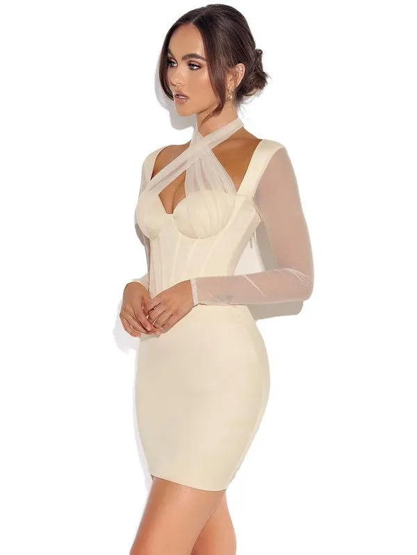 JOCELYNN SATIN MESH LONG SLEEVE CORSET DRESS